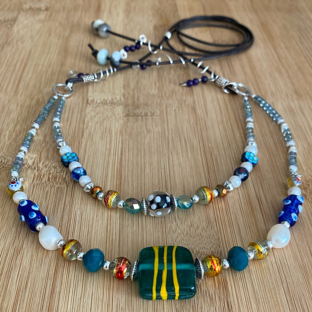 Colorful Glass Beaded Adjustable Necklace on Leather